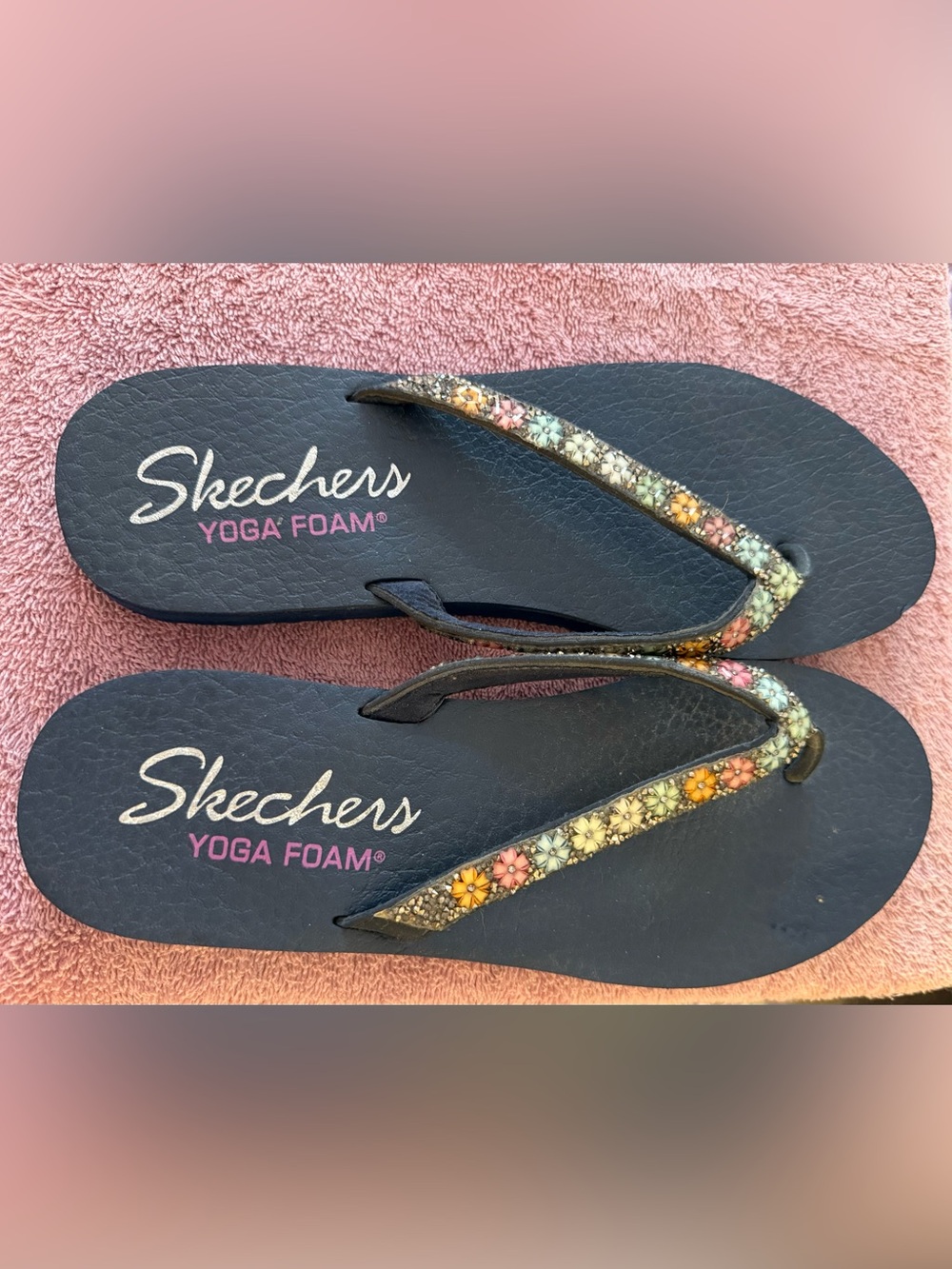 Skechers Black Flip Flops with Multicolor Beaded Floral Straps